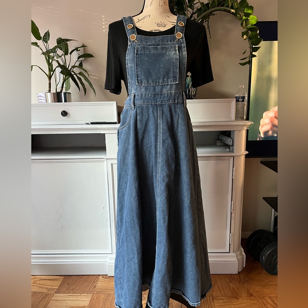 Denim Pinafore Maxi Dress in Washed Blue
